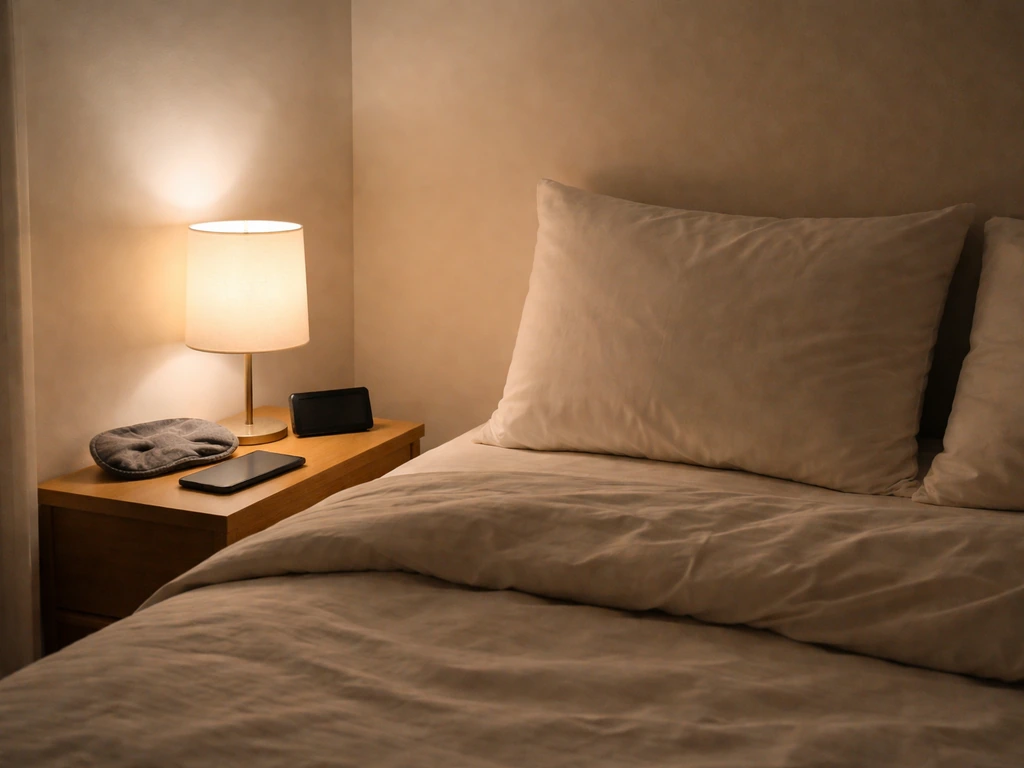Minimal bedroom at night with a sleep mask and face-down phone on a nightstand beside a made bed.