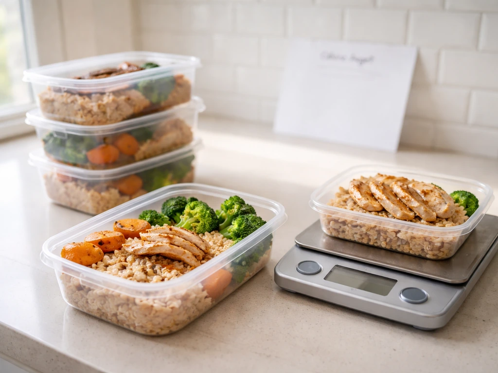 Close-up of meal-prep containers and a digital kitchen scale on a kitchen counter for measuring food.