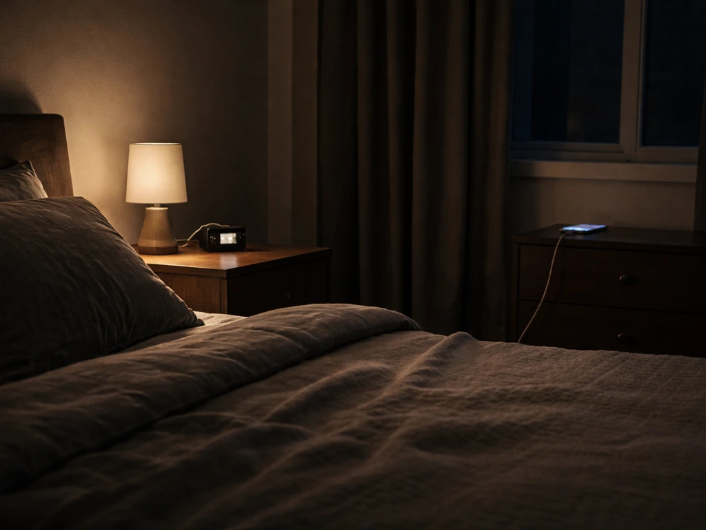 Quiet dark bedroom at night with a bed, dim alarm clock glow, and a phone charging outside the bedside