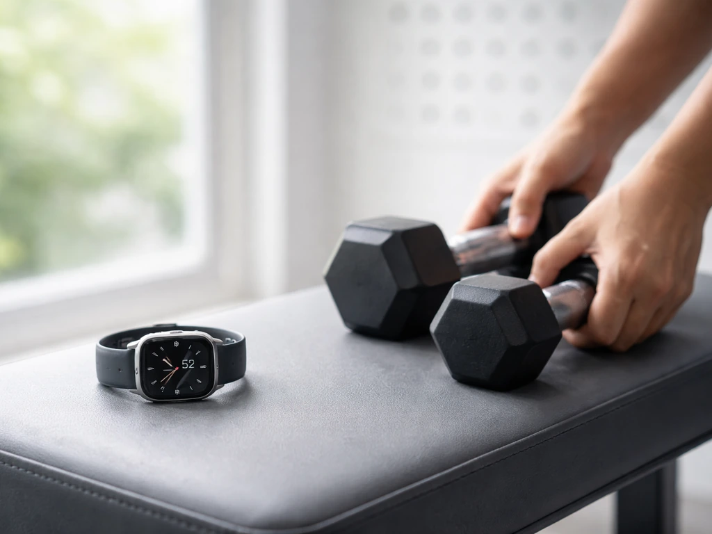 Hands set dumbbells on a bench next to a wristwatch, with a blurred calendar suggesting progress over time.