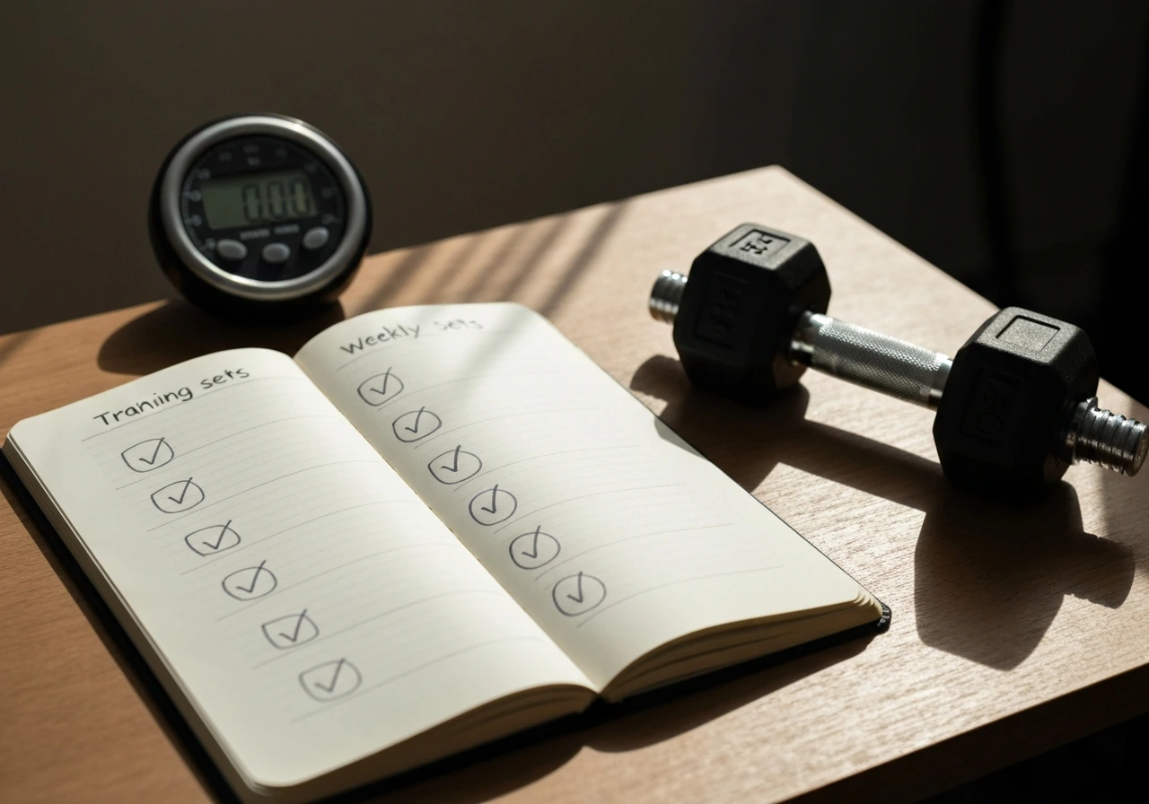 Close-up of an open training notebook with blank set checkmarks and dumbbells on a simple table.