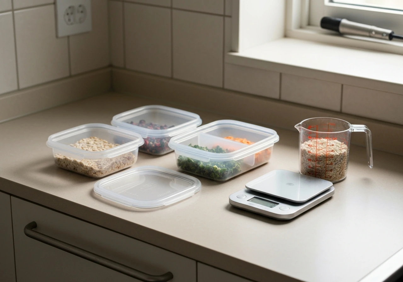 Portioned meal containers on a kitchen counter with a measuring cup, suggesting calorie-controlled intake.