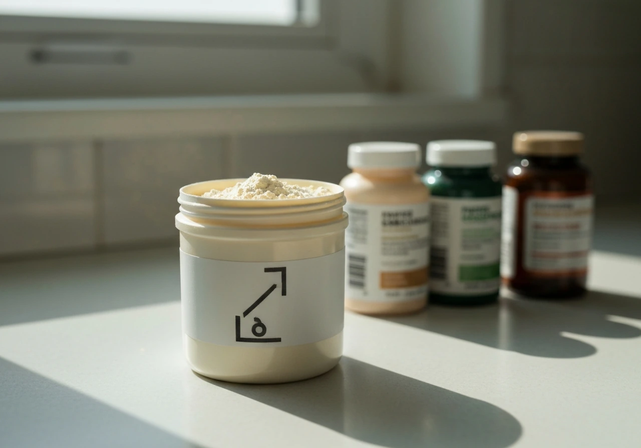 Close-up of creatine powder container beside other generic supplement bottles, minimal and softly focused.