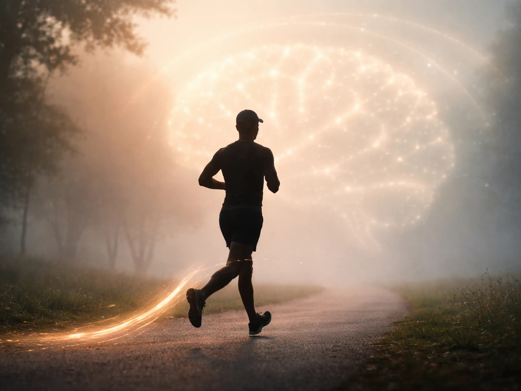 Runner silhouette on a quiet path with subtle glowing brain-health cues in the background.