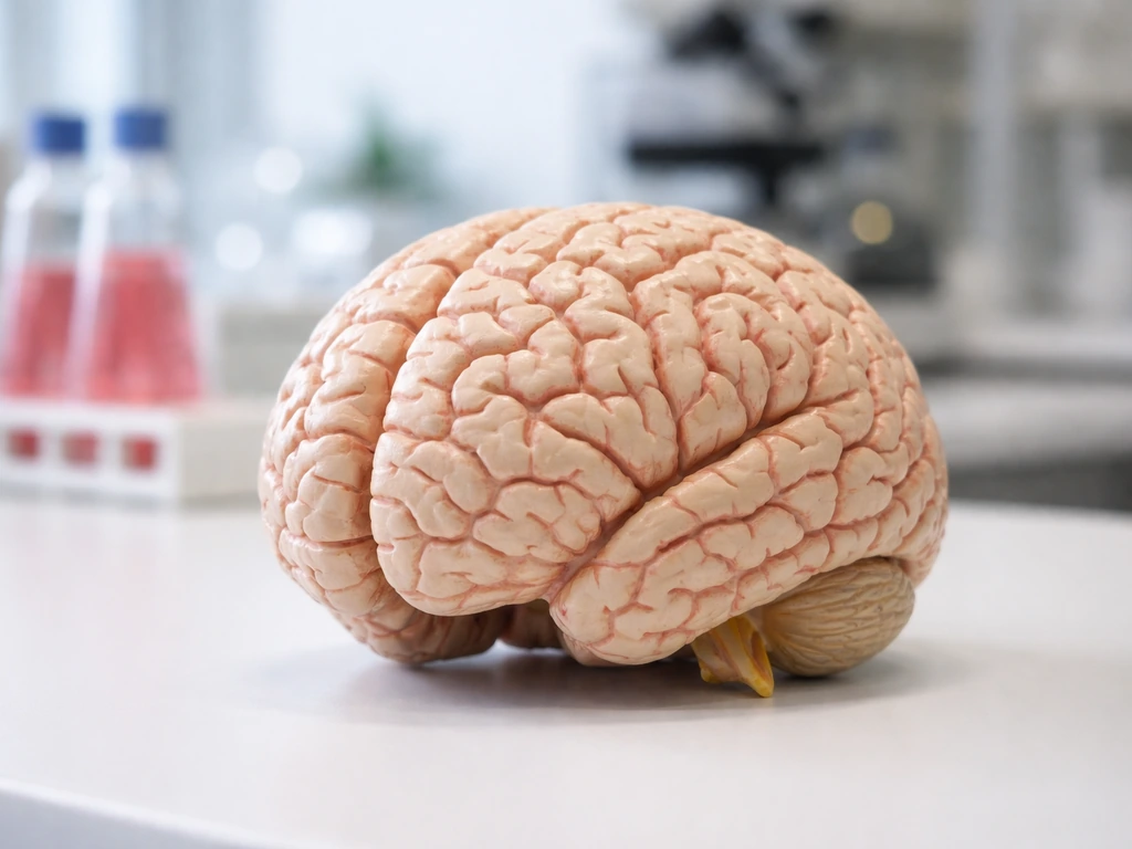 Minimal photo of a brain model on a lab bench with soft natural light, symbolizing adult neurogenesis.