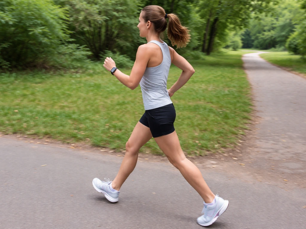 Woman brisk-walking outdoors along a park path, captured at street level in natural light