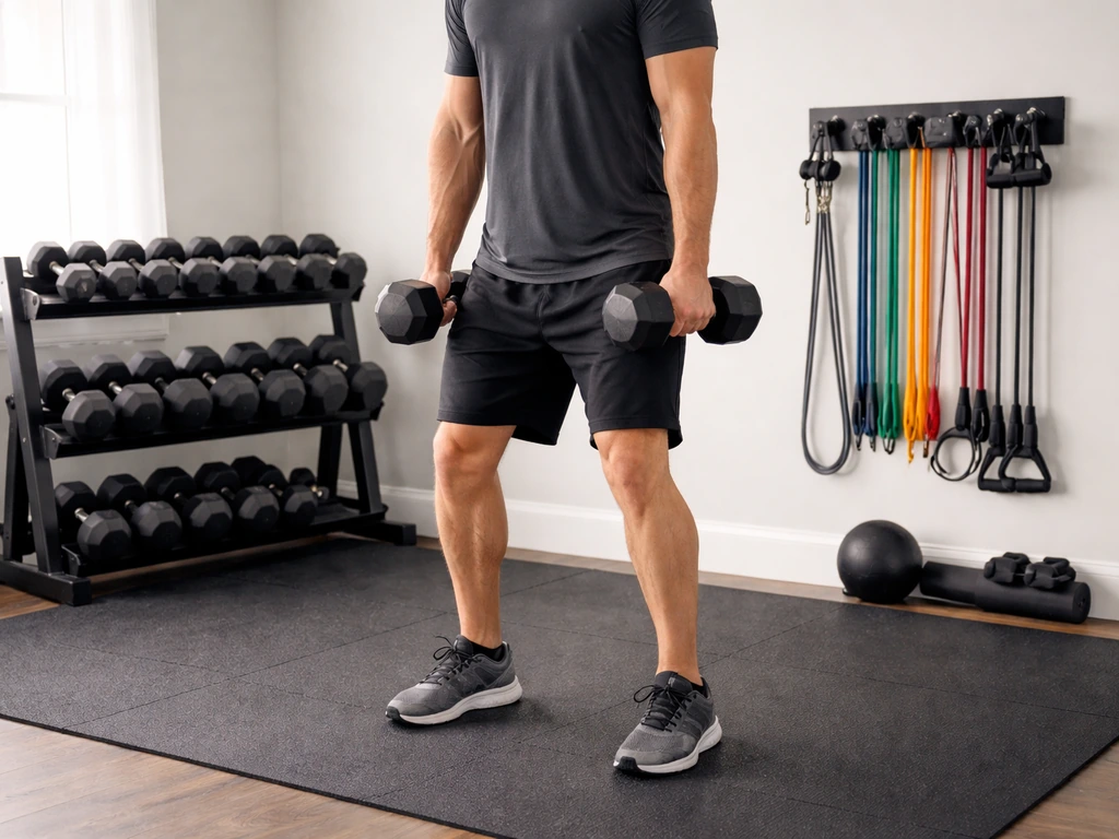 Adult doing a safe dumbbell lift in a minimal home gym with a rack and resistance bands nearby.