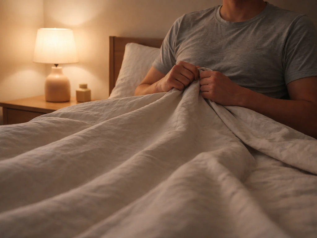 Person in quiet bedroom getting into bed at night with a warm bedside lamp
