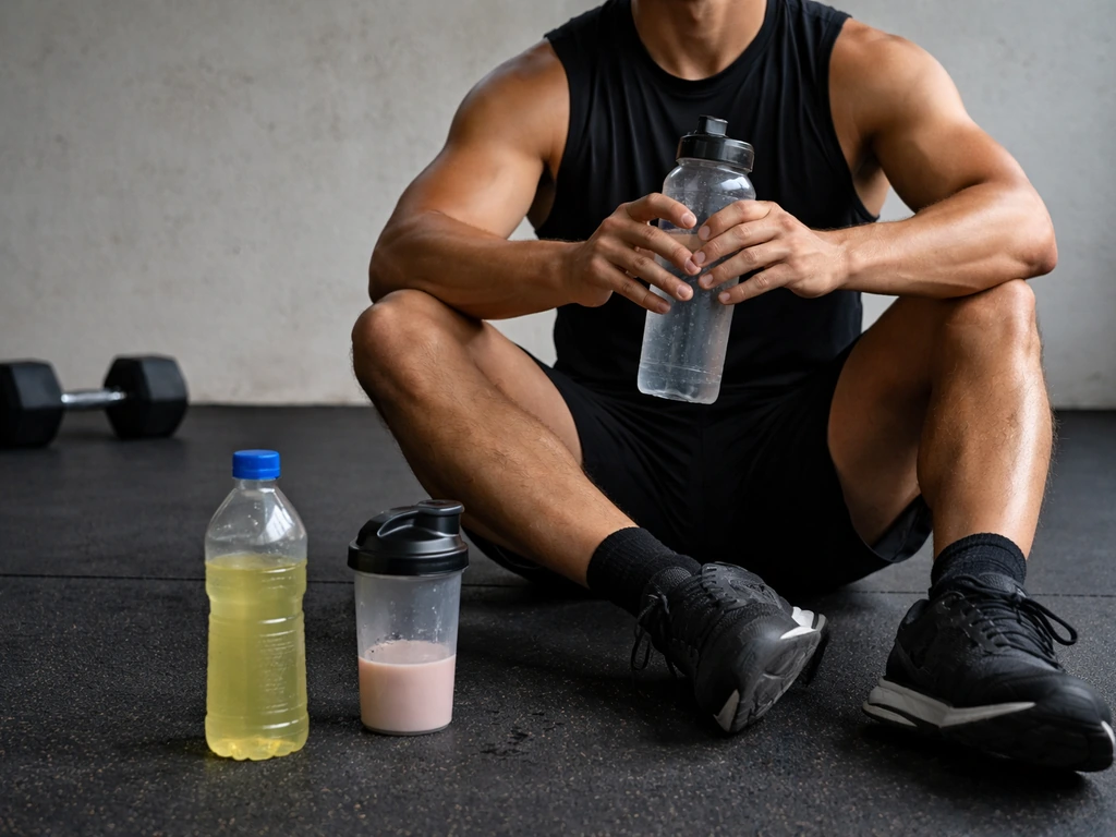 Anonymous athlete drinks water with a clear bottle in a quiet gym, hydration cues visible nearby.