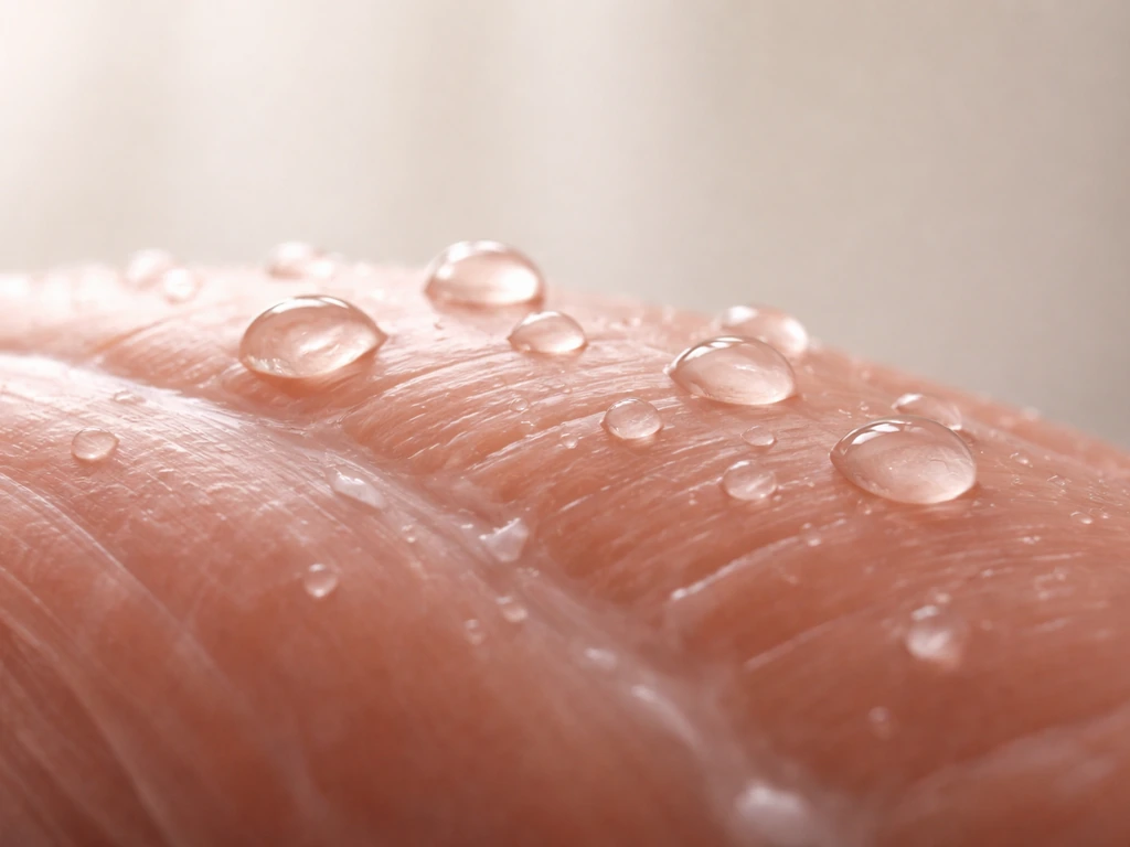 Close-up photo of a hydrated muscle-like gel surface with subtle water beads, suggesting cellular hydration for growth