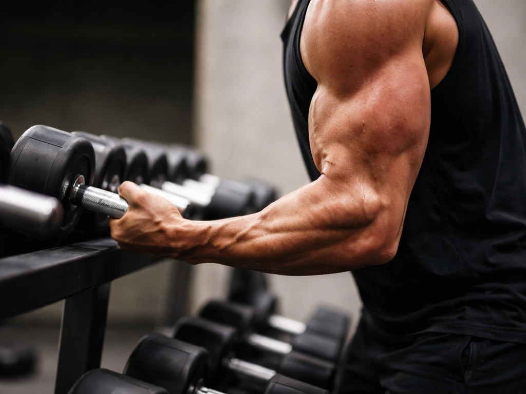 Close-up of an anonymous forearm flexing during a dumbbell set in a quiet gym.