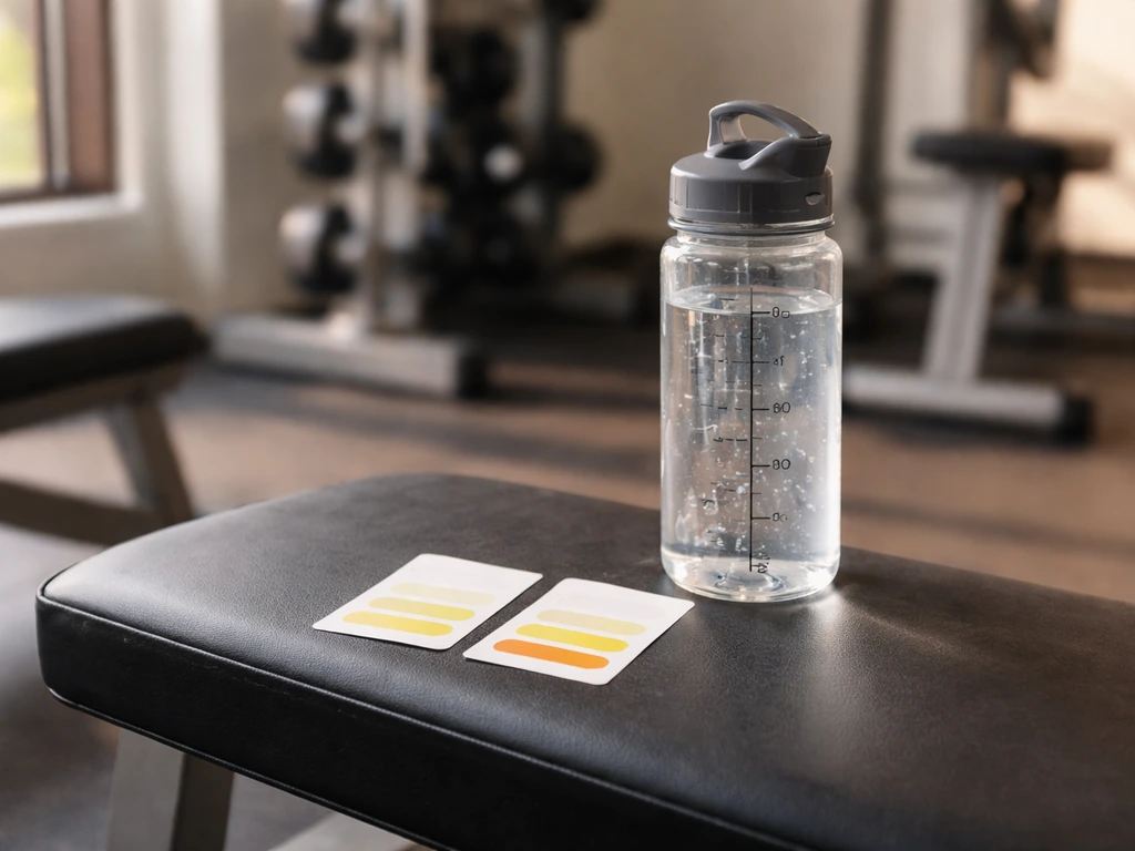 Clear water bottle with measurement markings and urine color shade cards on a gym bench under natural light.
