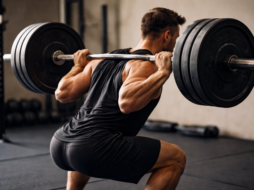 Anonymous lifter performing a barbell squat with weight plates in a minimal gym setting.