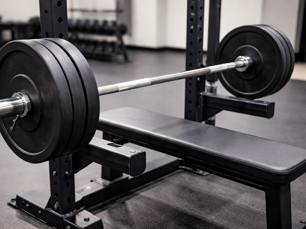 Close-up of a barbell bench press setup with safety rack in a quiet gym.