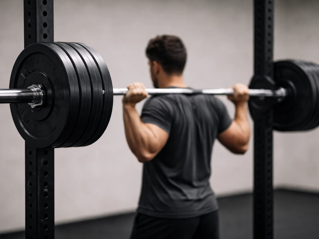 Anonymous lifter finishing a clean rep in a squat rack with visibly increased weight plates on the bar.