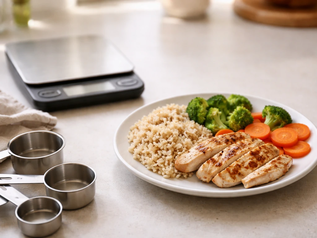 Meal prep plate with lean protein and carbs, next to a food scale and measuring cups for portion cues.