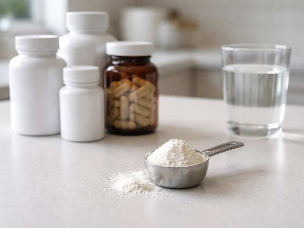 Creatine monohydrate scoop and a few supplement containers on a kitchen counter in natural light.
