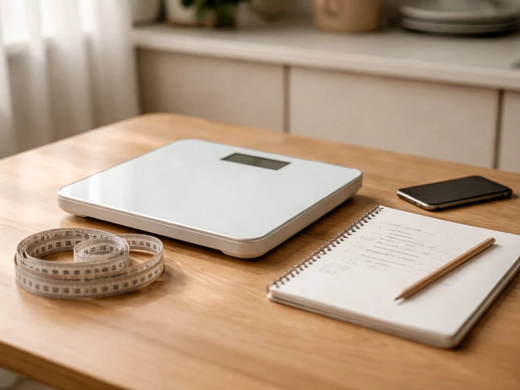 Digital scale and measuring tape beside an open notebook and phone for tracking calories and protein.