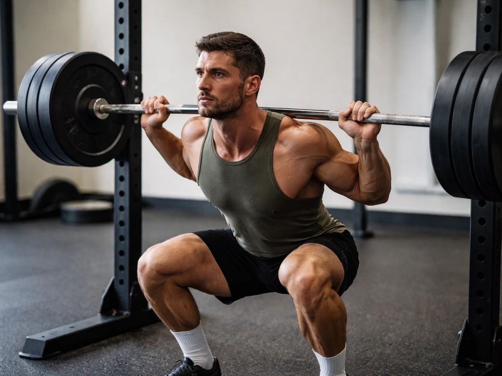Athlete performing a controlled heavy compound lift in a quiet gym, focused on muscle engagement.