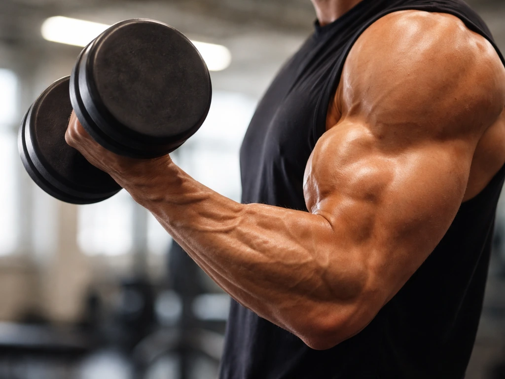 Close-up of an athlete’s biceps and forearm flexing during a controlled hypertrophy set in a quiet gym