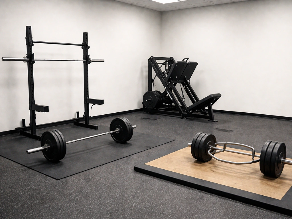 Minimal gym photo showing barbell squat setup, leg press, and trap bar deadlift equipment.