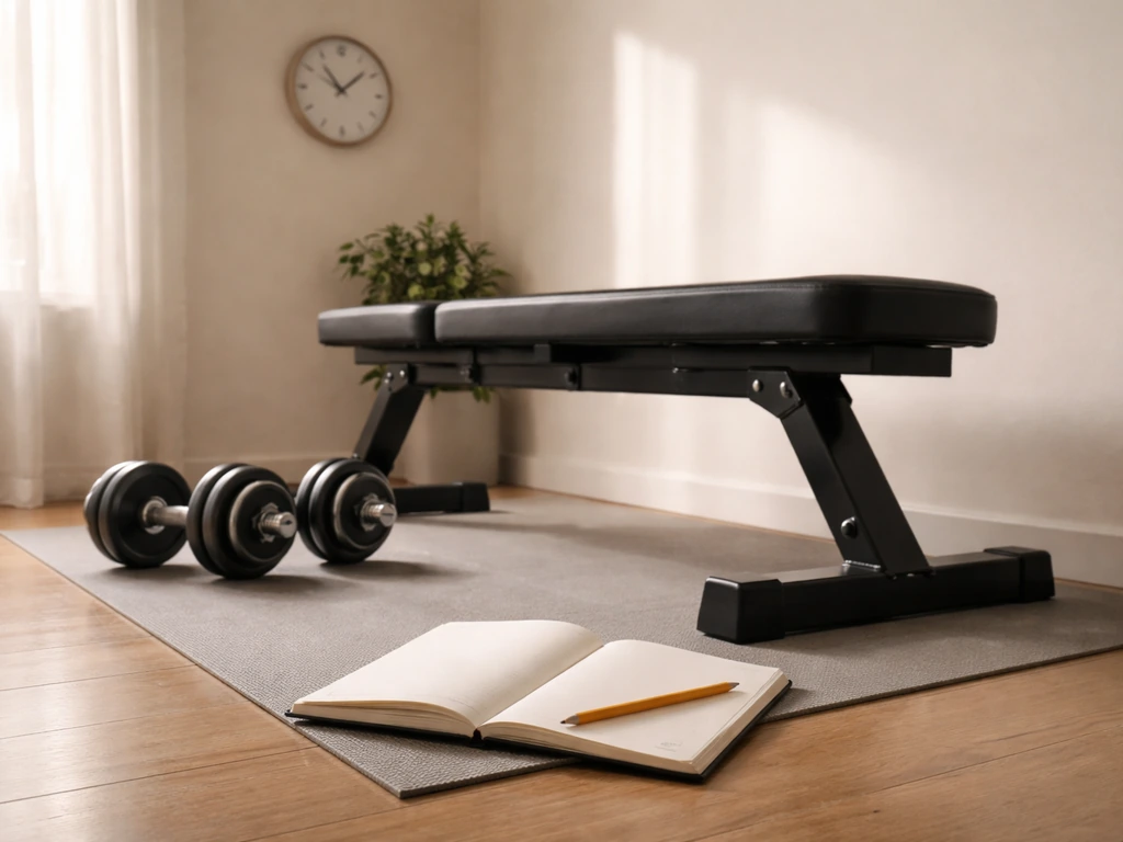 Minimal home gym scene with dumbbells and a blank notebook/pencil for workout programming numbers.