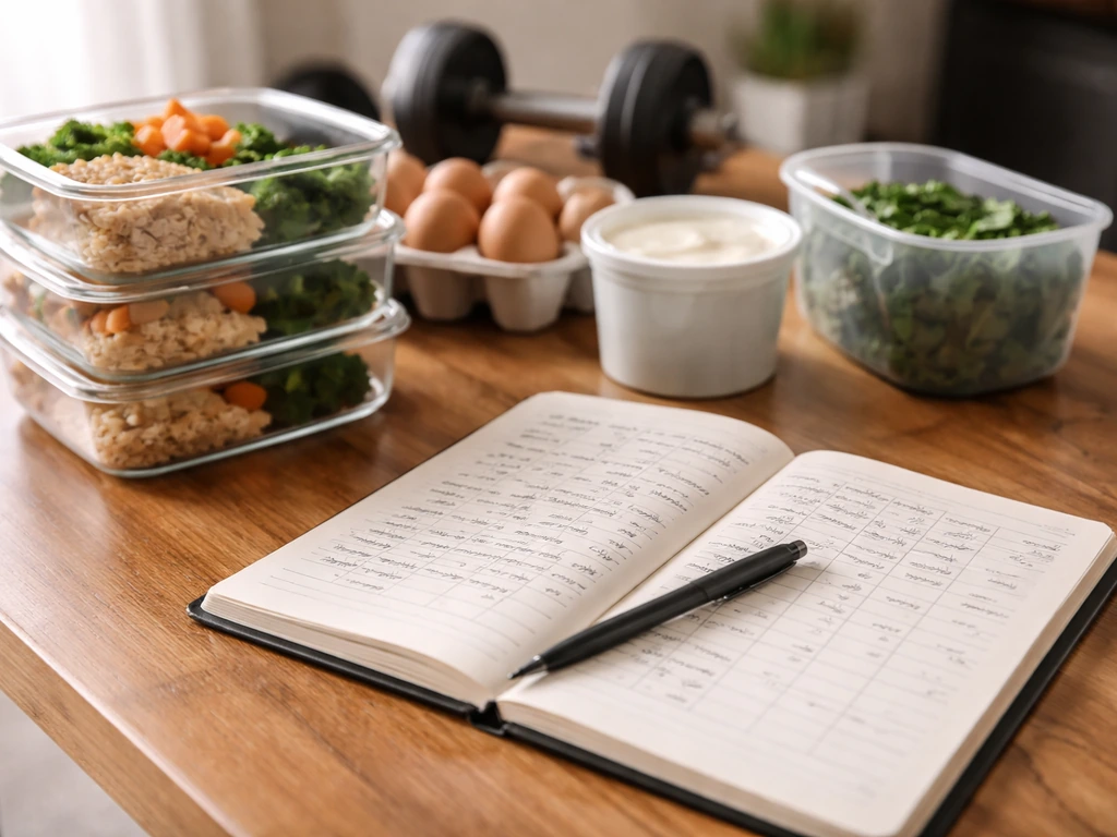 Open training log with pen beside meal-prep containers and simple fitness items on a desk.