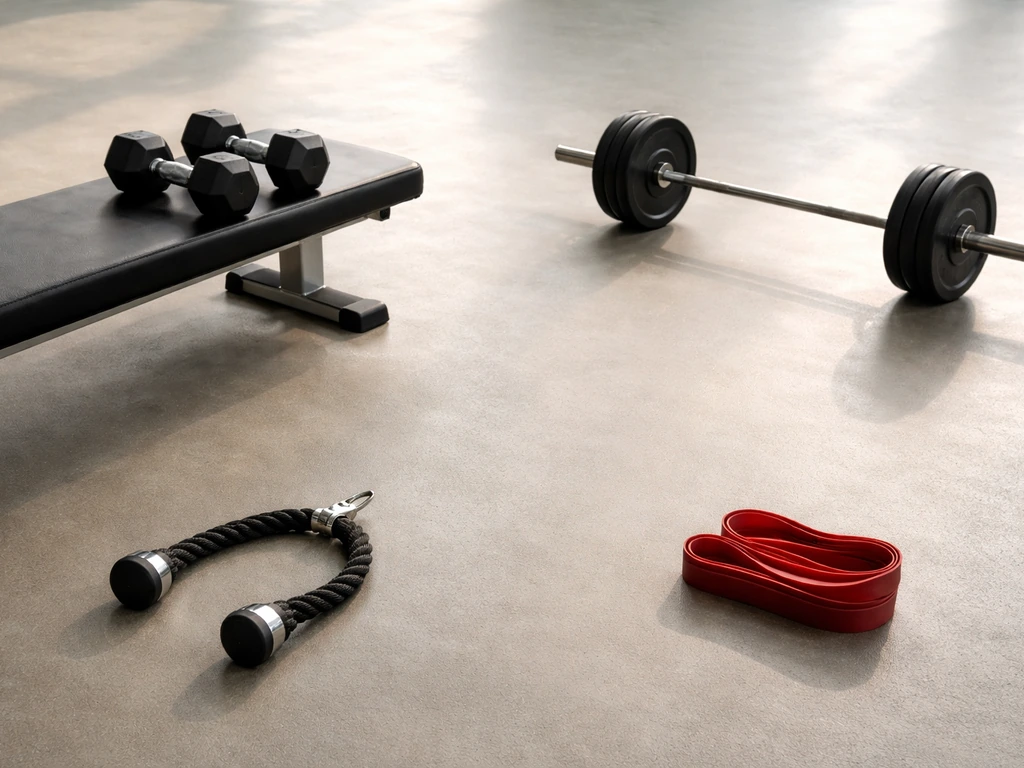 Minimal gym floor scene with dumbbells, barbell, cable attachment, and resistance band suggesting four key muscles.