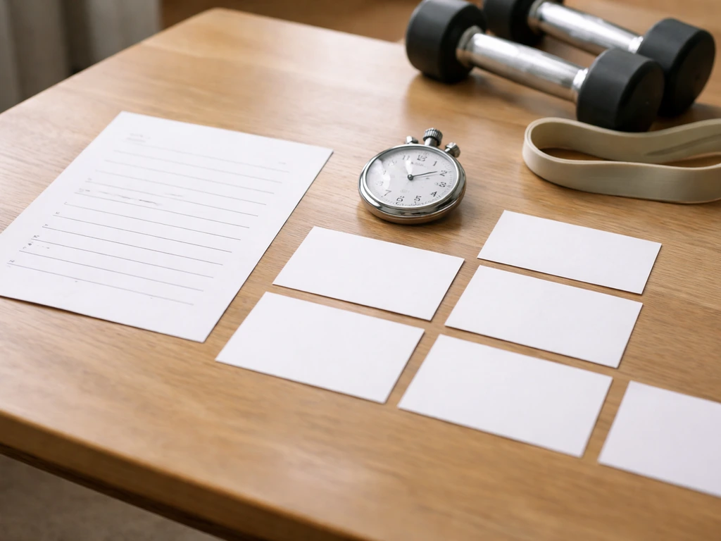 Neatly arranged training log, stopwatch, and blank exercise cards on a wooden table with dumbbells nearby.