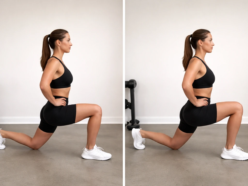 Two split-squat positions side-by-side: short ROM vs deep ROM in a simple gym setting.