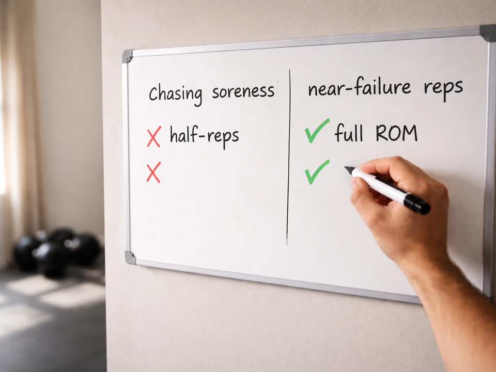 Hands marking a workout whiteboard contrasting chasing soreness and half-reps vs near-failure and full ROM.