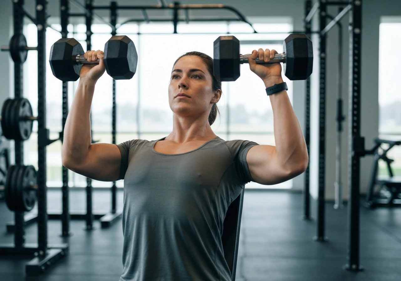 Athlete performing a controlled dumbbell press in a quiet gym, focused on form, no visible strain.