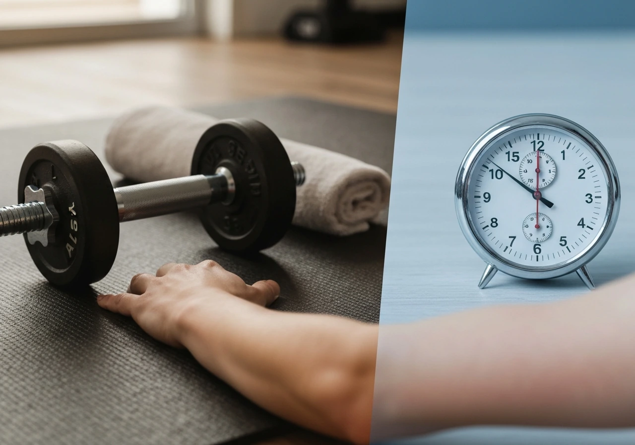 Gym dumbbell resting on a mat beside two timing-marked days, showing soreness vs hypertrophy contrast