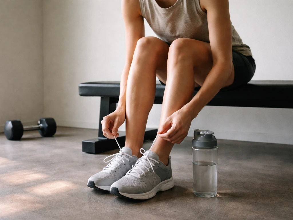 Person lacing running shoes on a simple gym floor after a workout, relaxed and ready for the next session.