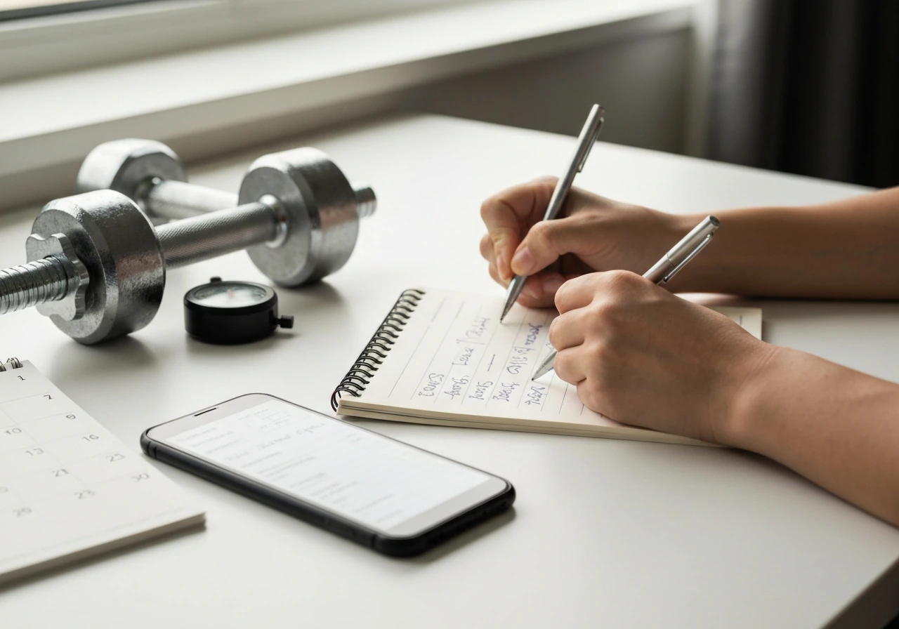 Close-up of hands updating a workout log in a notebook beside dumbbells and a phone showing training notes