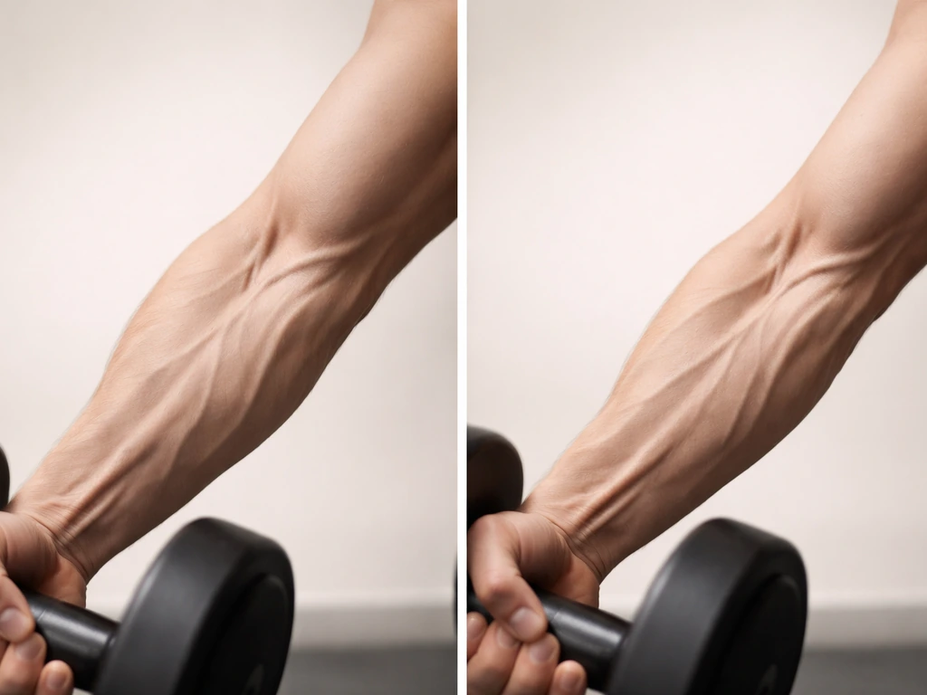 Split-screen of a forearm muscle: subtle micro-injury look on left, taut mechanical tension on right.