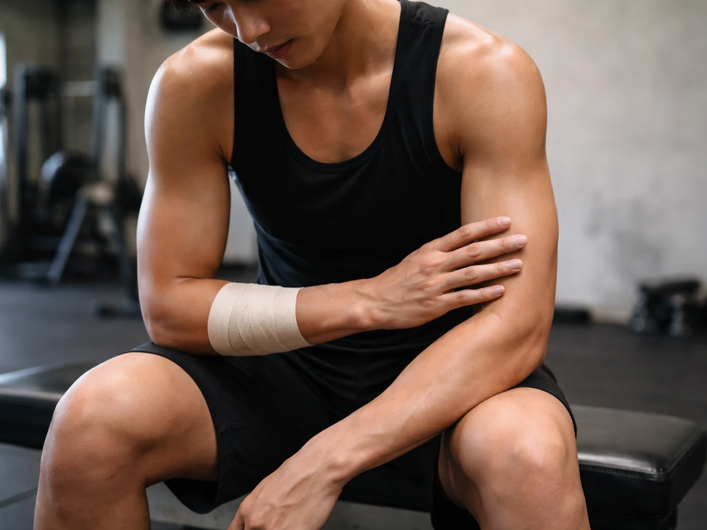 Athlete in sports gear examining forearm muscles after training, suggesting light to excessive soreness