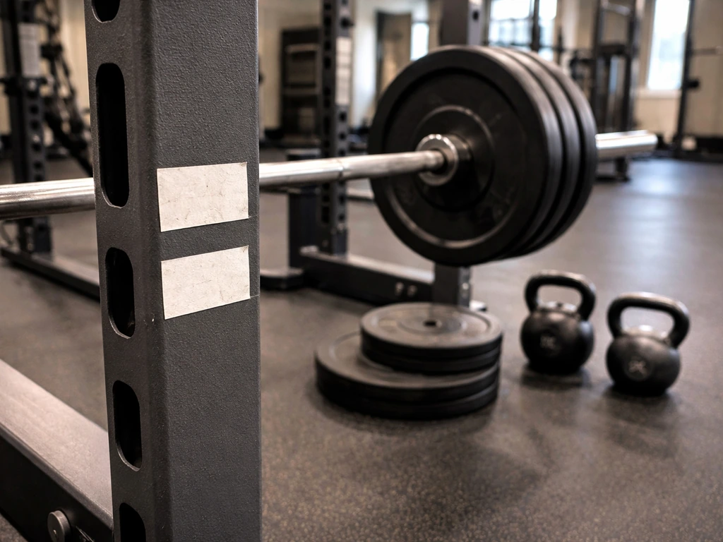 Gym barbell on a rack with two kettlebells beside and a marked weight plate selection, close-up and minimal.