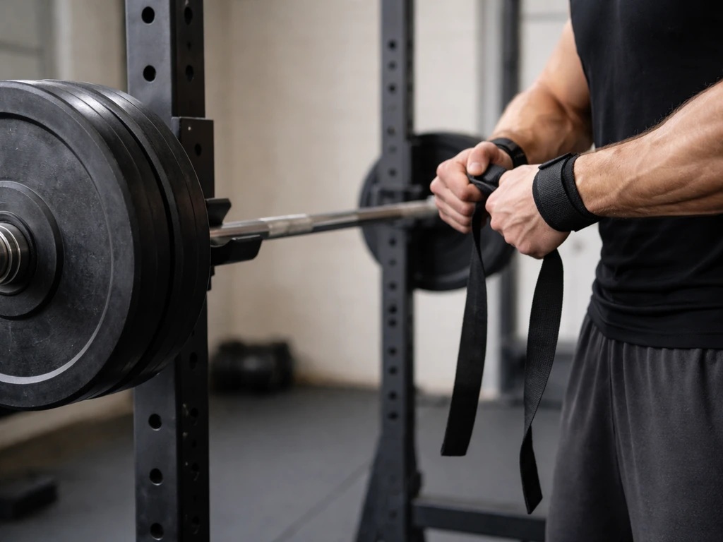 Gym workout scene: barbell on rack with athlete’s hands tightening lifting straps, minimal background.