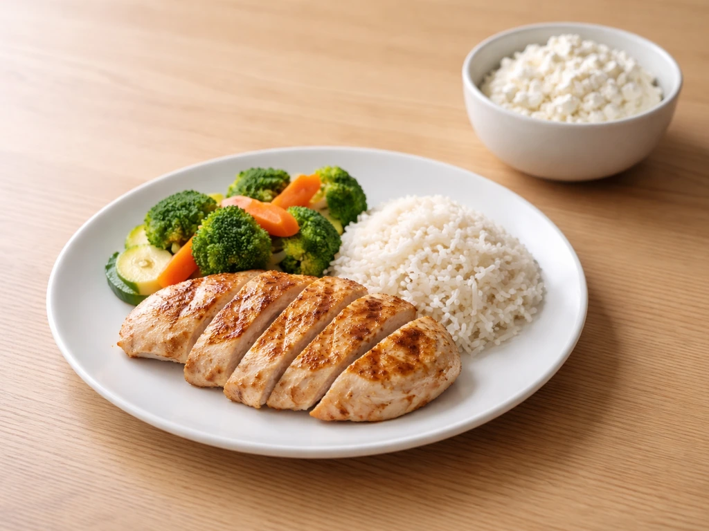 Minimal meal plate with chicken, rice, and vegetables arranged to suggest protein and carbs balance.