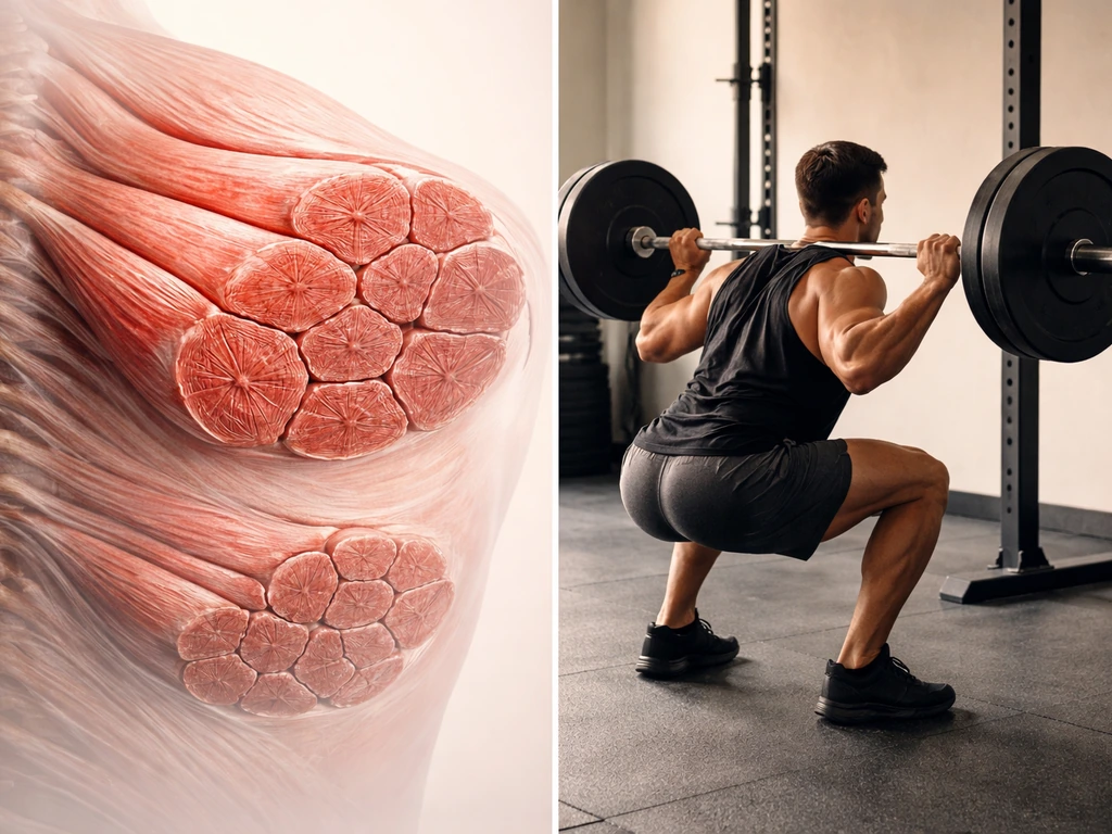 Anonymous athlete squatting beside a faint muscle cross-section showing thicker, denser fibers for hypertrophy.
