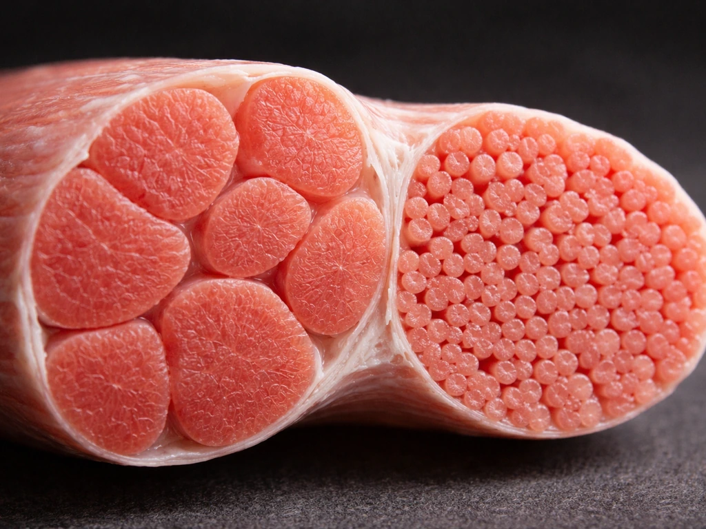 Minimal close-up of muscle fiber cross-section showing thickened fibers versus new fiber formation.