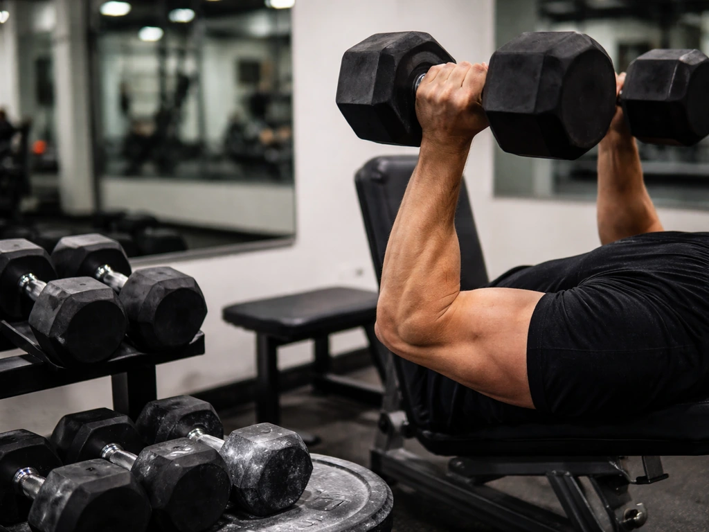 Close-up of anonymous hands pressing dumbbells in a quiet gym with heavier weights nearby to suggest progressive overloa
