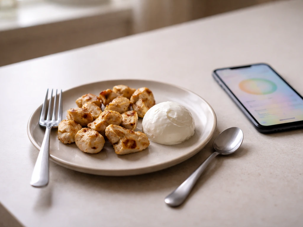 Plate with measured protein portions and a smartphone showing app-like calorie tracking without readable text.