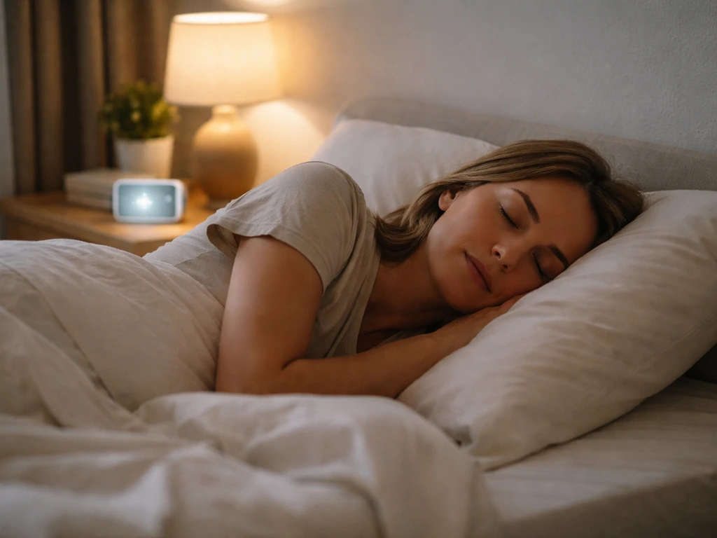 An adult asleep in bed with a small glowing sleep-tracker on the bedside table at night.