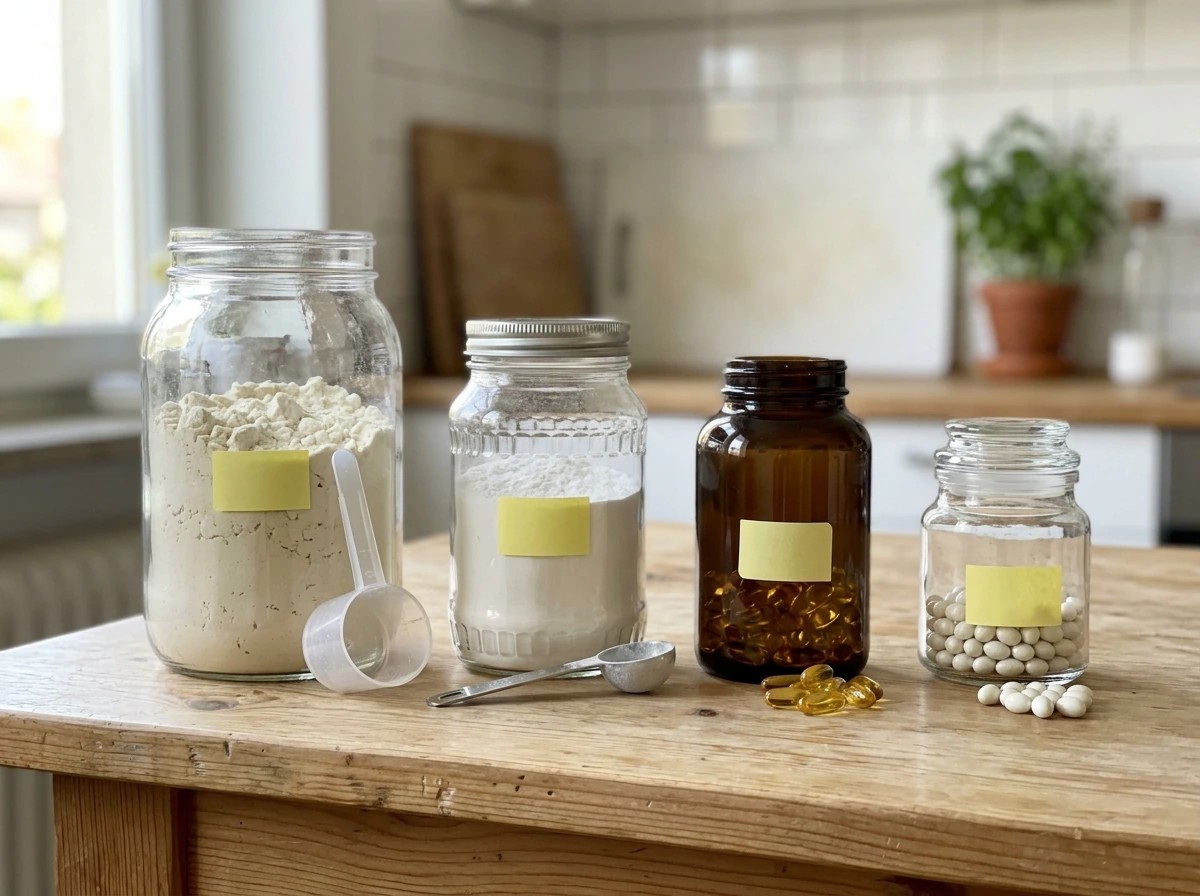 Unlabeled protein, creatine, omega-3, and vitamin D containers arranged by priority.
