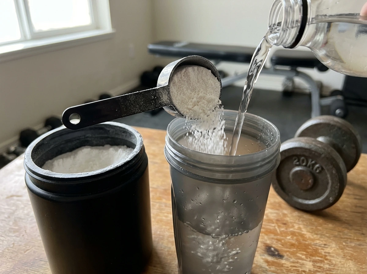 Scoop of creatine monohydrate being poured into a shaker bottle.