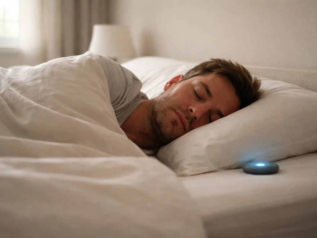 Person resting in bed with a soft blue sleep-tracker glow beside the pillow, conveying recovery in sleep.