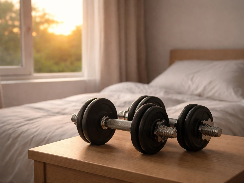Gym dumbbell resting on a bed at sunrise, suggesting training and sleep both support muscle recovery.