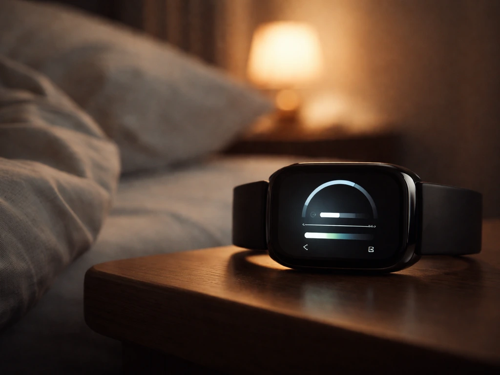 Close-up of a sleep tracker on a bedside table showing deep sleep and recovery stages.